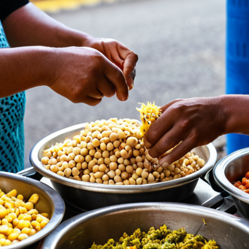 Home 11 A bustling street food vendor in Port of Spain, Trinidad, preparing doubles. Focus on the vendor's hands assembling the bara with channa and various toppings. Capture the vibrant colors of the ingredients and the lively atmosphere of the street.