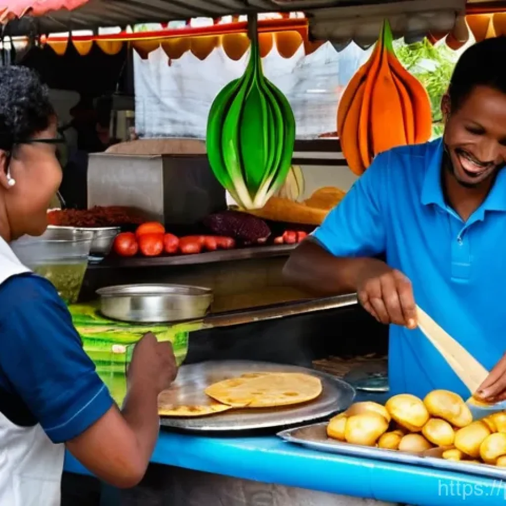 트리니다드 토바고에서 외국인으로 생활하기 - A lively street food stall in Port of Spain, Trinidad and Tobago, during the day. Diverse people, ca...