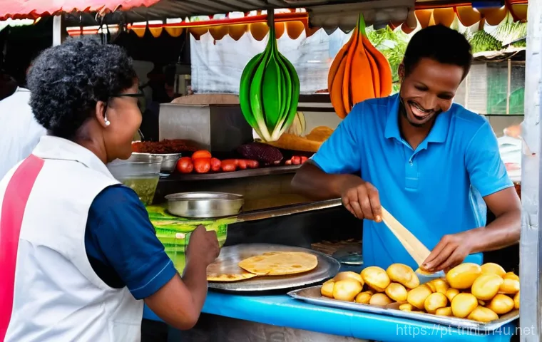 트리니다드 토바고에서 외국인으로 생활하기 - A lively street food stall in Port of Spain, Trinidad and Tobago, during the day. Diverse people, ca...