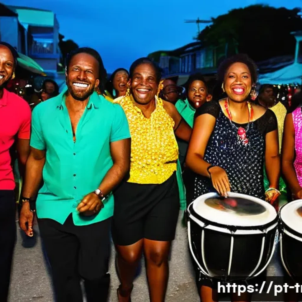 트리니다드 토바고 전통 음악 소카 Soca - A vibrant Caribbean street festival scene at night, featuring a diverse crowd joyfully dancing to li...