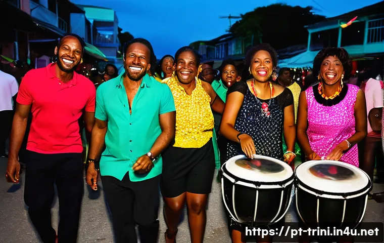 트리니다드 토바고 전통 음악 소카 Soca - A vibrant Caribbean street festival scene at night, featuring a diverse crowd joyfully dancing to li...