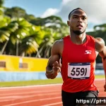 트리니다드 토바고 출신 세계적인 운동선수 - A dynamic scene capturing a Trinidad and Tobago male sprinter in full athletic gear, running on a su...