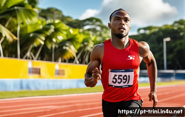 트리니다드 토바고 출신 세계적인 운동선수 - A dynamic scene capturing a Trinidad and Tobago male sprinter in full athletic gear, running on a su...