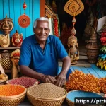 트리니다드 토바고에서 기념품 추천 - A vibrant market scene in Trinidad and Tobago featuring a skilled local artisan carving intricate wo...