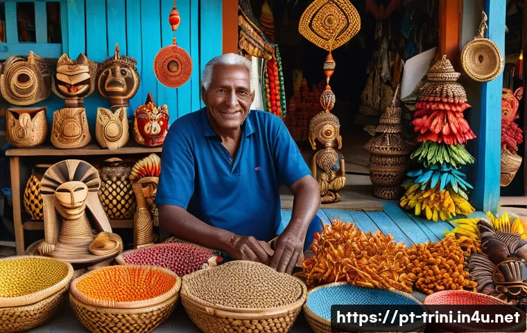 트리니다드 토바고에서 기념품 추천 - A vibrant market scene in Trinidad and Tobago featuring a skilled local artisan carving intricate wo...