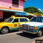 트리니다드 토바고 택시 요금 및 이용법 - A vibrant street scene in Trinidad and Tobago featuring a row of official public taxis with bright y...