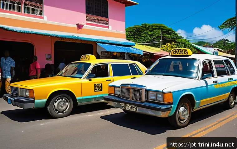 트리니다드 토바고 택시 요금 및 이용법 - A vibrant street scene in Trinidad and Tobago featuring a row of official public taxis with bright y...