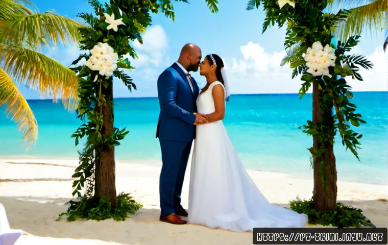 트리니다드 토바고 결혼 문화 및 국제결혼 - Photorealistic Trinidad and Tobago wedding ceremony on a breezy Caribbean beach, an elegantly dresse...