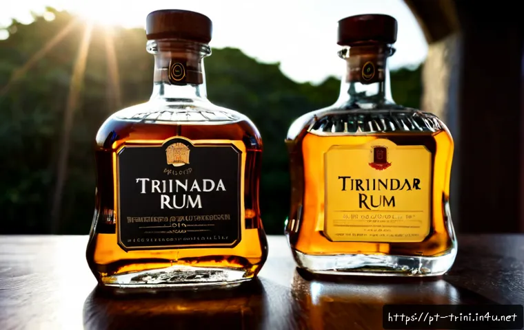 트리니다드 토바고 럼주 브랜드 추천 - Photorealistic premium Trinidad and Tobago rum tasting scene, three unbranded amber rum bottles with...